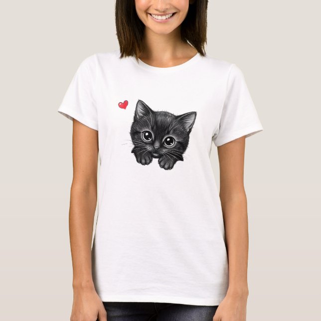 Adorable Peeking Black Kitten with Heart T-Shirt  (Devant)