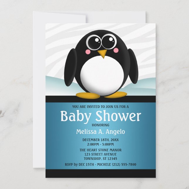 Adorable Penguin Blue Boy Baby Shower Invitations (Devant)