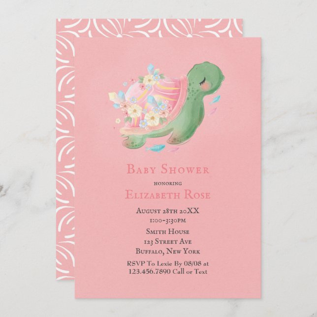 Adorable Petite Tortue Rose Baby shower Invitation (Devant / Derrière)