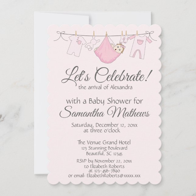 Adorable Pink & Grey Baby Girl Shower Invitation (Devant)