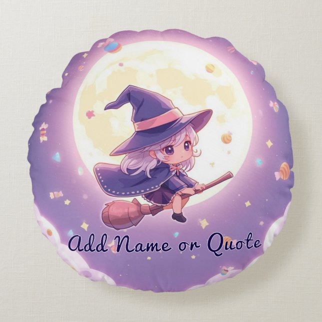 Adorable Sorcière volant Halloween Coussin rond (Devant)