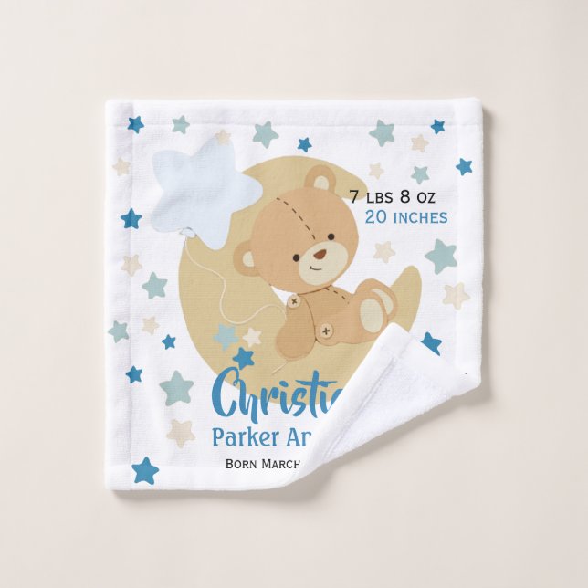Adorable Teddy Bear Baby Boy Stats de naissance (Gant de toilette)