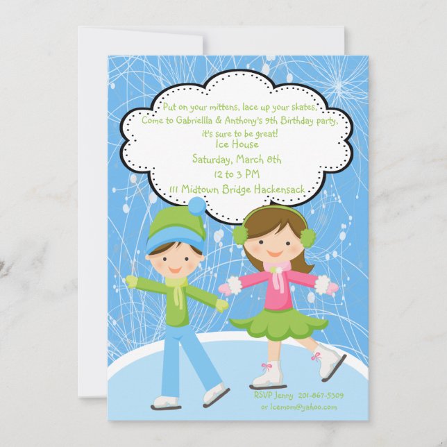 Adorable Twins Ice Skating Invitation d'anniversai (Devant)
