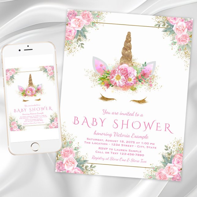 Adorable Unicorn visage Baby Douche Invitations (Cute pink gold unicorn baby shower invitation. Instant download and printed invitations available.)