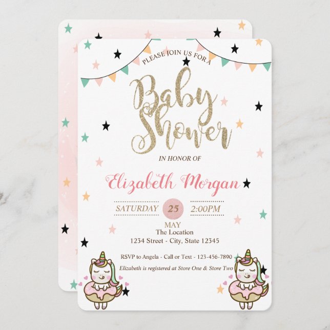 Adorable Unicorne, Stars Baby shower Invitation (Devant / Derrière)