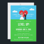 Adorablement Nerdy Invitations de mariage à 8 bits<br><div class="desc">Ce joyeux,  unique,  et délicieusement geeky enregistrer la date faire-part de mariage dispose de 8 bits mariés et personnages de mariés se regardant en face d'un coeur rouge,  avec un ciel bleu vif avec des nuages blancs moelleux de 8 bits.</div>