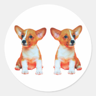 Adorables Chiots Jumeaux Corgi Autocollant Rond Cl