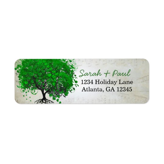 Adresse de retour de coeur d'arbre vert musical de étiquette d’adresse retour