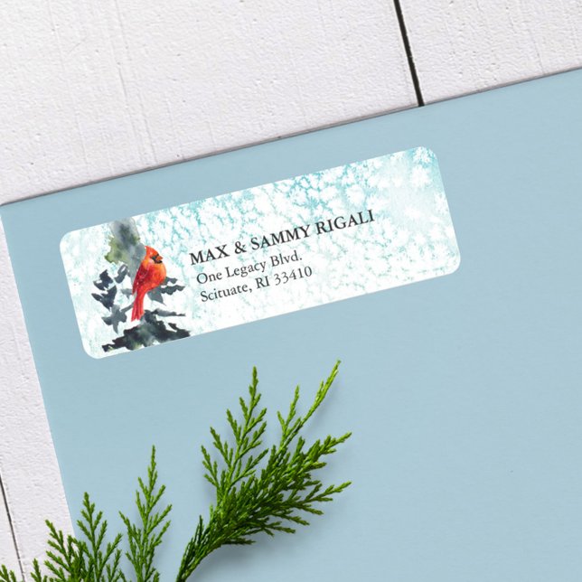Adresse de retour de Noël Étiquette Scène hivernal (Return address labels watercolor winter pine tree and snow red cardinal mountains)