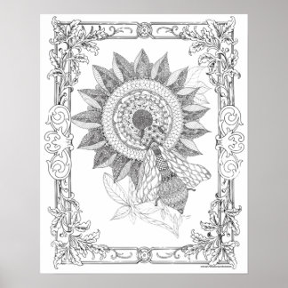 Adult Coloring Poster "Sunflowers and Bee Art"