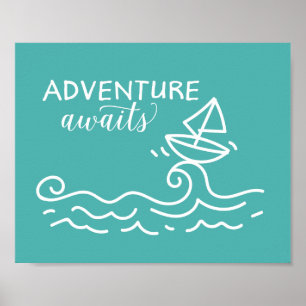 Adventure Await Blue Nautical Nursery Art Poster