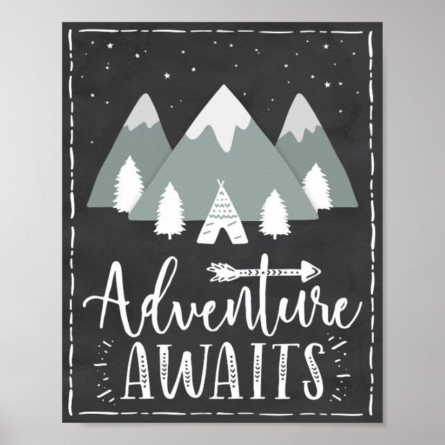 Adventure Await Boho Mountains Teepee Art Poster (Devant)