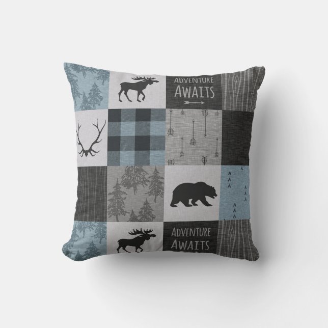 Adventure Await Coussin - Bleu, Noir, gris (Recto)