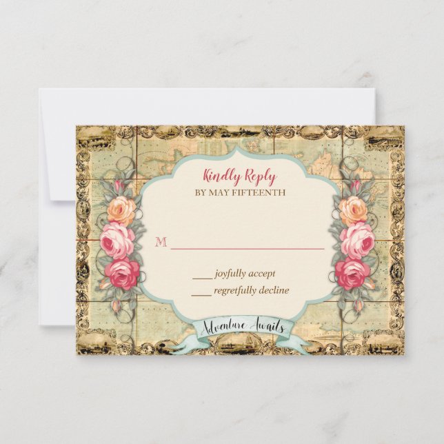 Adventure Await Vintage World Map Roses RSVP (Devant)