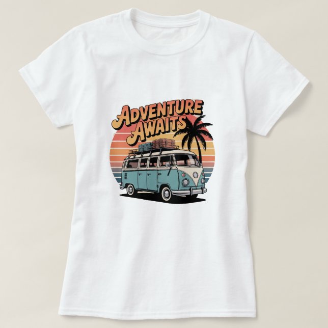 Adventure Awaits - T-shirt Retro Travel Van (Design devant)