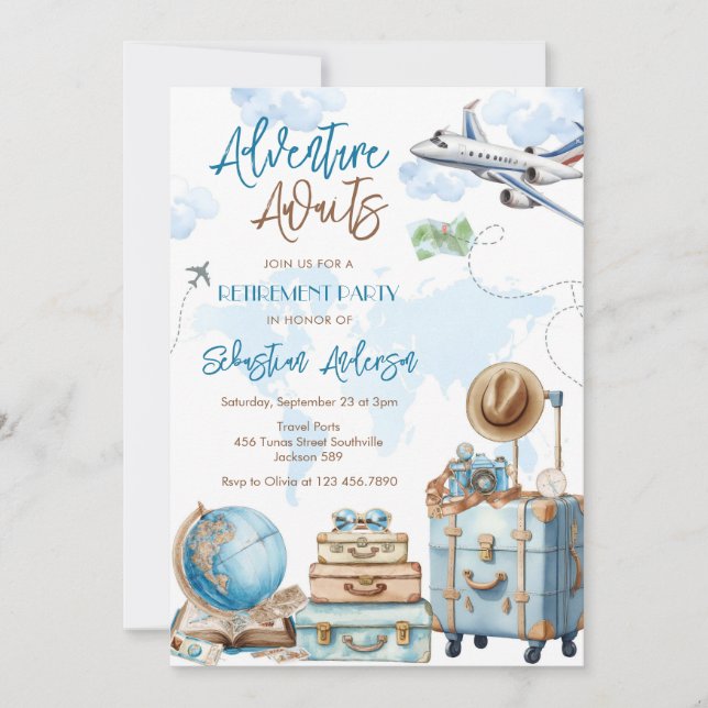 Adventure Awaits Travel Retirement Invitation (Devant)