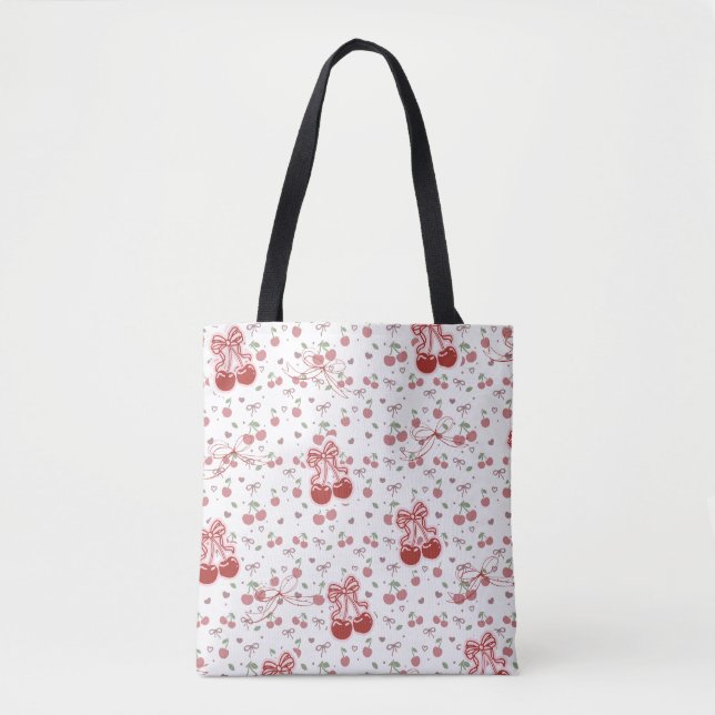 Aesthetic Cherry Tote Bag with Hearts & Bow (Devant)