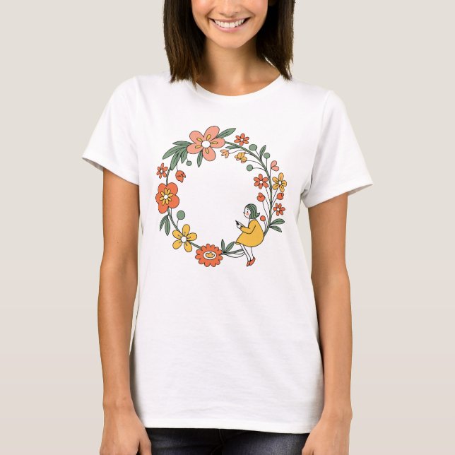 Aesthetic Floral Wreath Boho Illustration T-Shirt (Devant)