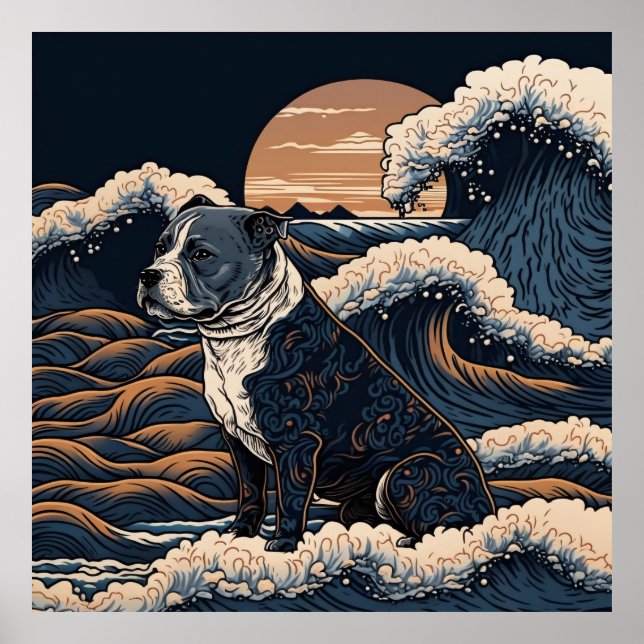 AFFICHE 日本の伝統的なヴィンテージデザインを使用したアート作品　躍動感のある波と犬 (Devant)