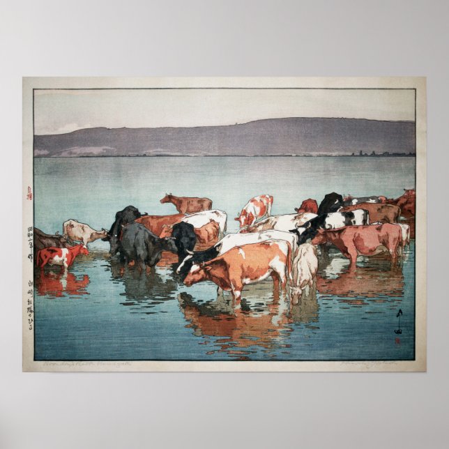Affiche 沼崎牧場の昼, Cows, Hiroshi Yoshida, Woodcut (Devant)