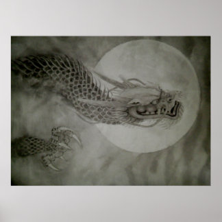 Affiche 龍　水墨画　dragon　poster　月　moon