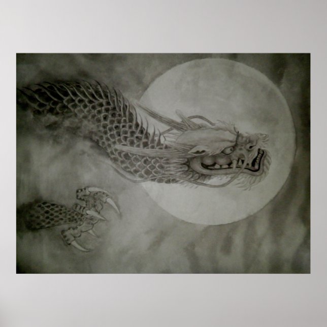 Affiche 龍　水墨画　dragon　poster　月　moon (Devant)