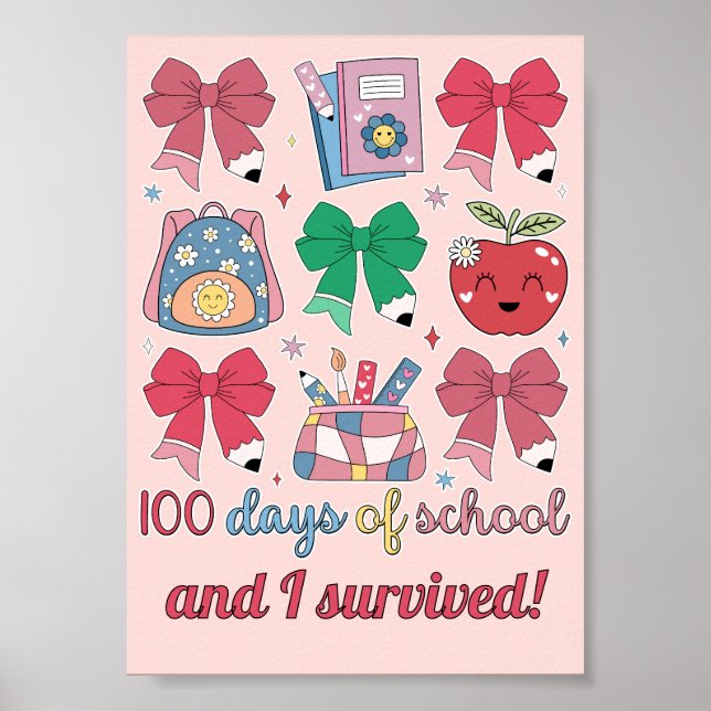 Affiche 100 Jours D'école Coquette Rubans Crayon Mignons (Devant)