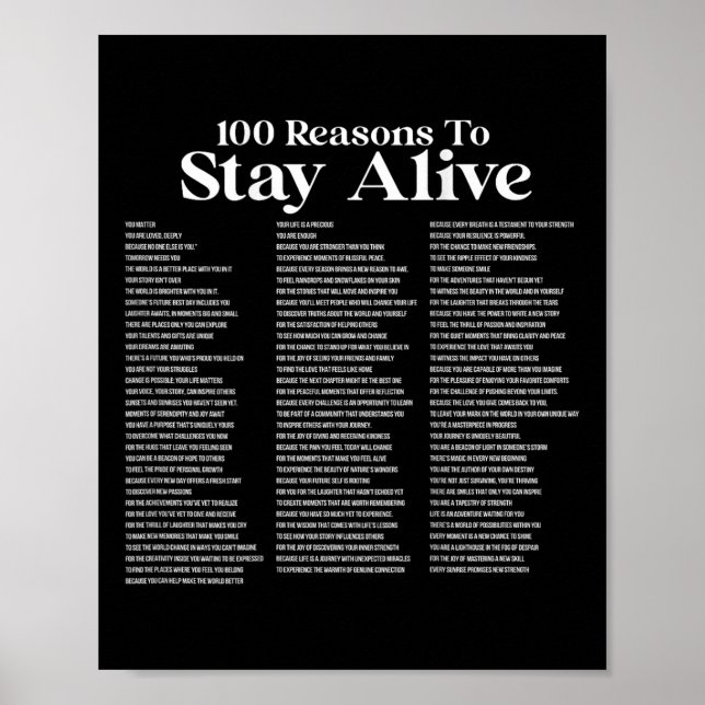 Affiche 100 raisons de rester en vie Prévention du suicide (Devant)