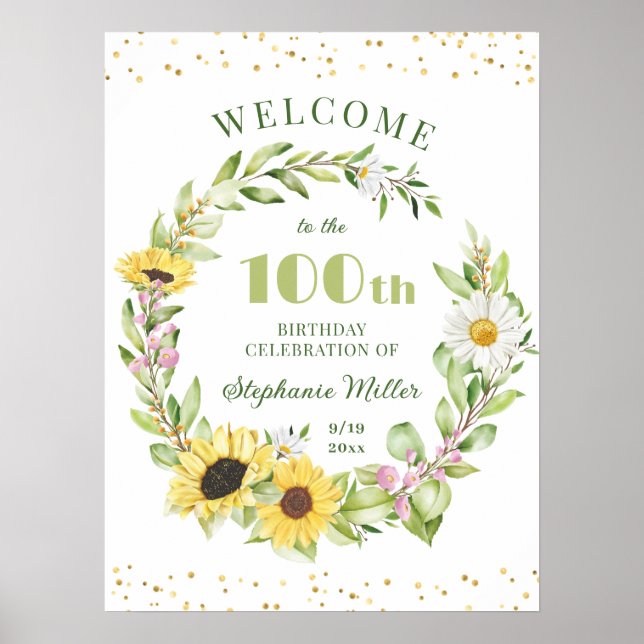 Affiche 100e Dames Anniversaire Femme 100 Sunflower Bienve (Devant)