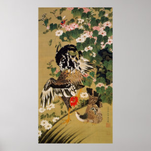 Affiche 10. 芙 蓉 双 鶏 図, 若 Chinois Hibiscus & Rooster, Jakuc