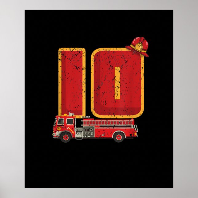 Affiche 10 ans Anniversaire Cadeaux de garçon Pompier (Devant)