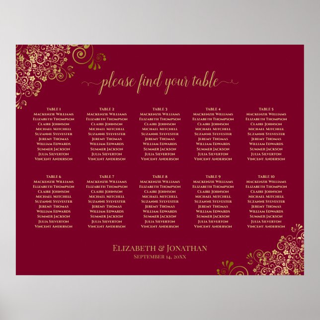 Affiche 10 Frilles d'or de table sur Mariage élégant Bourg (Devant)