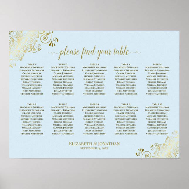 Affiche 10 Table Wedding Seating Chart Powder Blue & Gold (Devant)