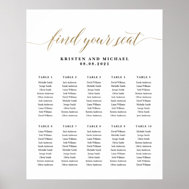 Affiche 10 Tableaux 100 Invités Trouvez Votre Siège Carte (Devant)