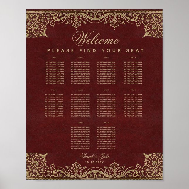 Affiche 10 Tables Bourgogne et Or Plan de Table de Mariage (Devant)