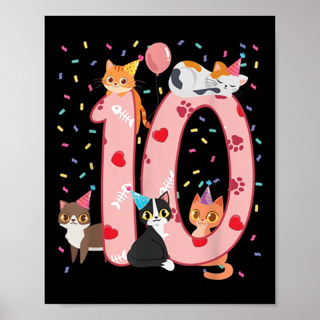 Affiche 10e anniversaire fille mignonne tenue de chat 10 a (Devant)