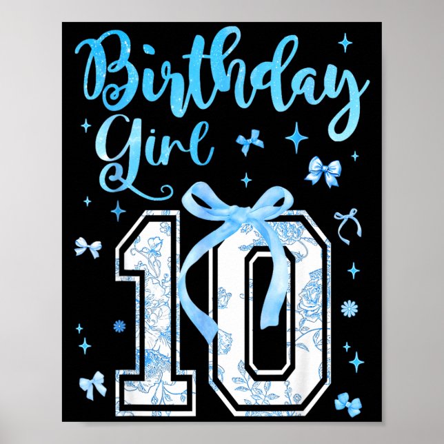 Affiche 10th Birthday Girl Blue Toile Coquette Bow 10 Year (Devant)
