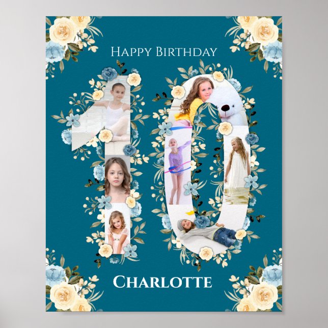 Affiche 10th Birthday Photo Collage Yellow Flower Teal (Devant)