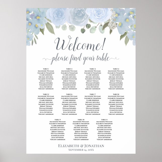 Affiche 11 Table Dusty Blue Roses Wedding Seating Chart (Devant)