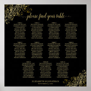 Affiche 11 Table Wedding Seating Chart Gold Frills Black