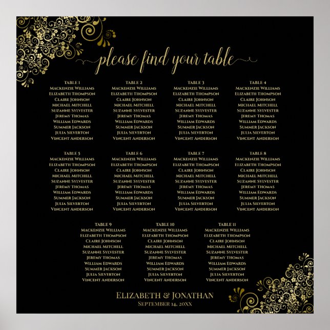Affiche 11 Table Wedding Seating Chart Gold Frills Black (Devant)