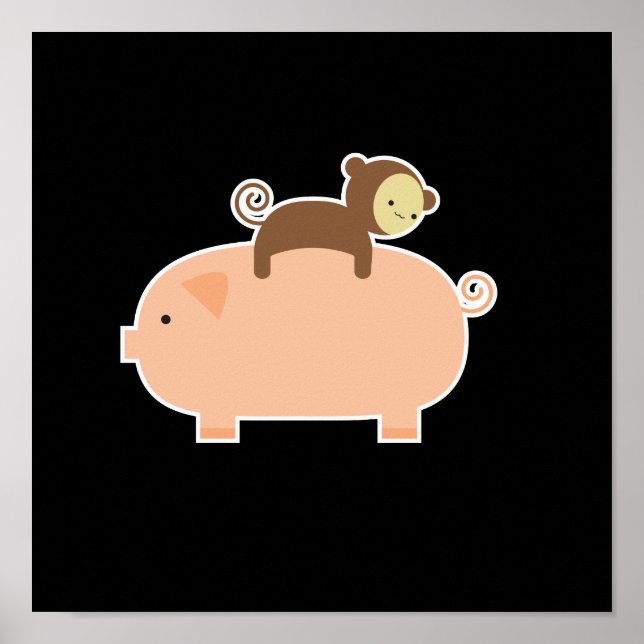 Affiche 11" x 11" Monkey bébé équitation sur un cochon (Devant)