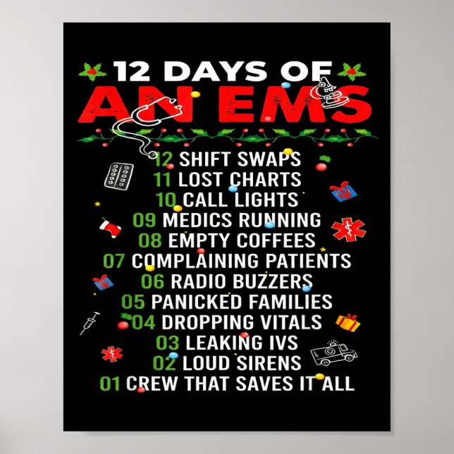 Affiche 12 Days Of An Ems Emt Icu Nurse Christmas Xmas Fun (Devant)