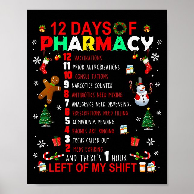 Affiche 12 Days Of Pharmacy Funny Christmas Pharmacist Tec (Devant)