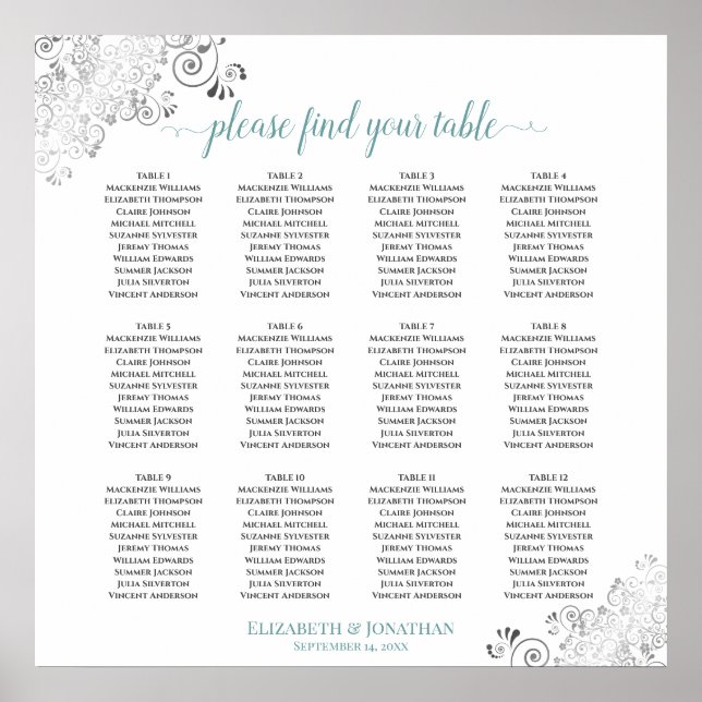 Affiche 12 Table Frilly Teal & White Wedding Seating Chart (Devant)