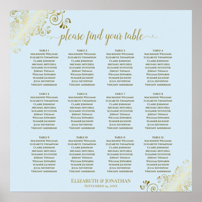Affiche 12 Table Poudre Bleu et Or Mariage Plat (Devant)