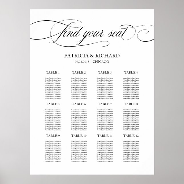 Affiche 12 Tables Mariage Plan de siège Noir Script (Devant)