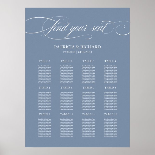 Affiche 12 Tables Mariage Plan de siège Signer Dusty Blue (Devant)