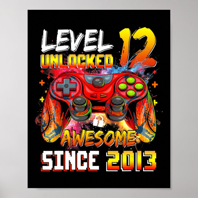 Affiche 12e anniversaire garçon niveau 12 déverrouillé inc (Devant)