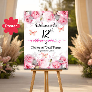 Affiche 12e anniversaire Mariage Blush Roses Bienvenue